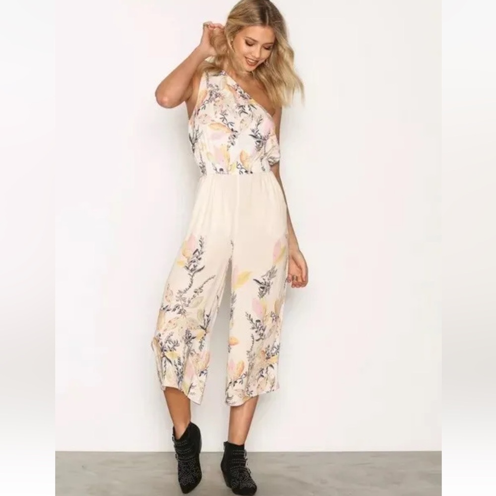 Free People Floral One-Shoulder Jumpsuit - Cream and Pink